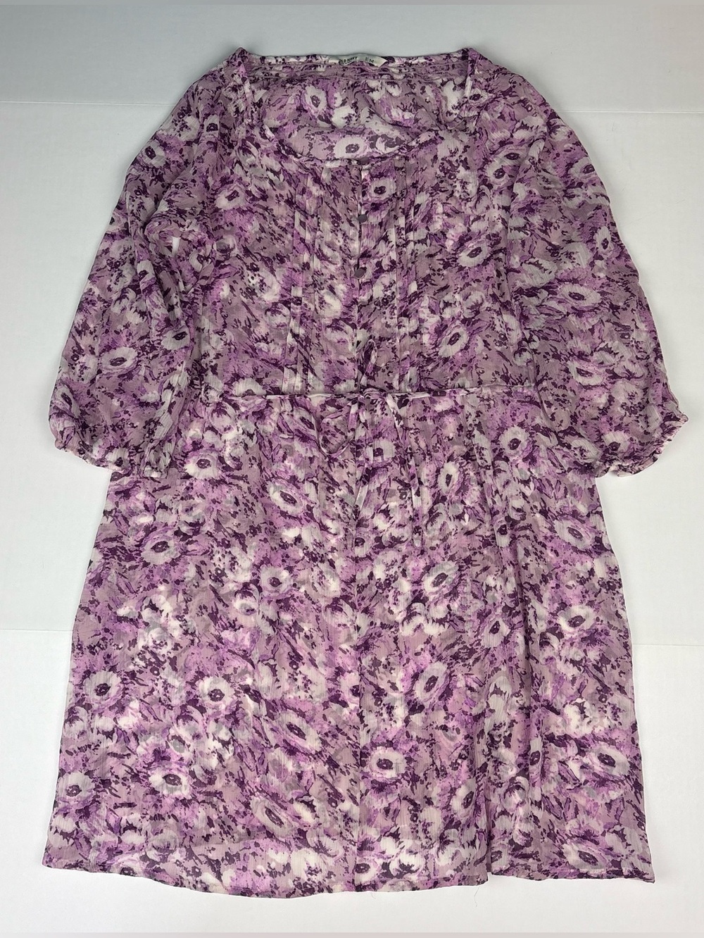 Old Navy Women Medium Dress Sheer Floral Purple White Cropped Sleeve Tie Summer